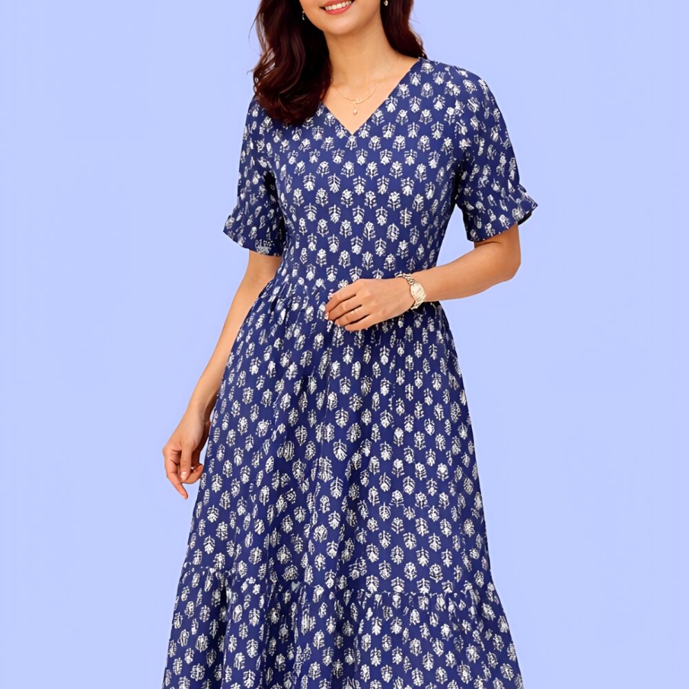 Women's Navy Blue Printed V-Neck A-Line Midi Dress | Short Sleeve Casual Cotton Dress