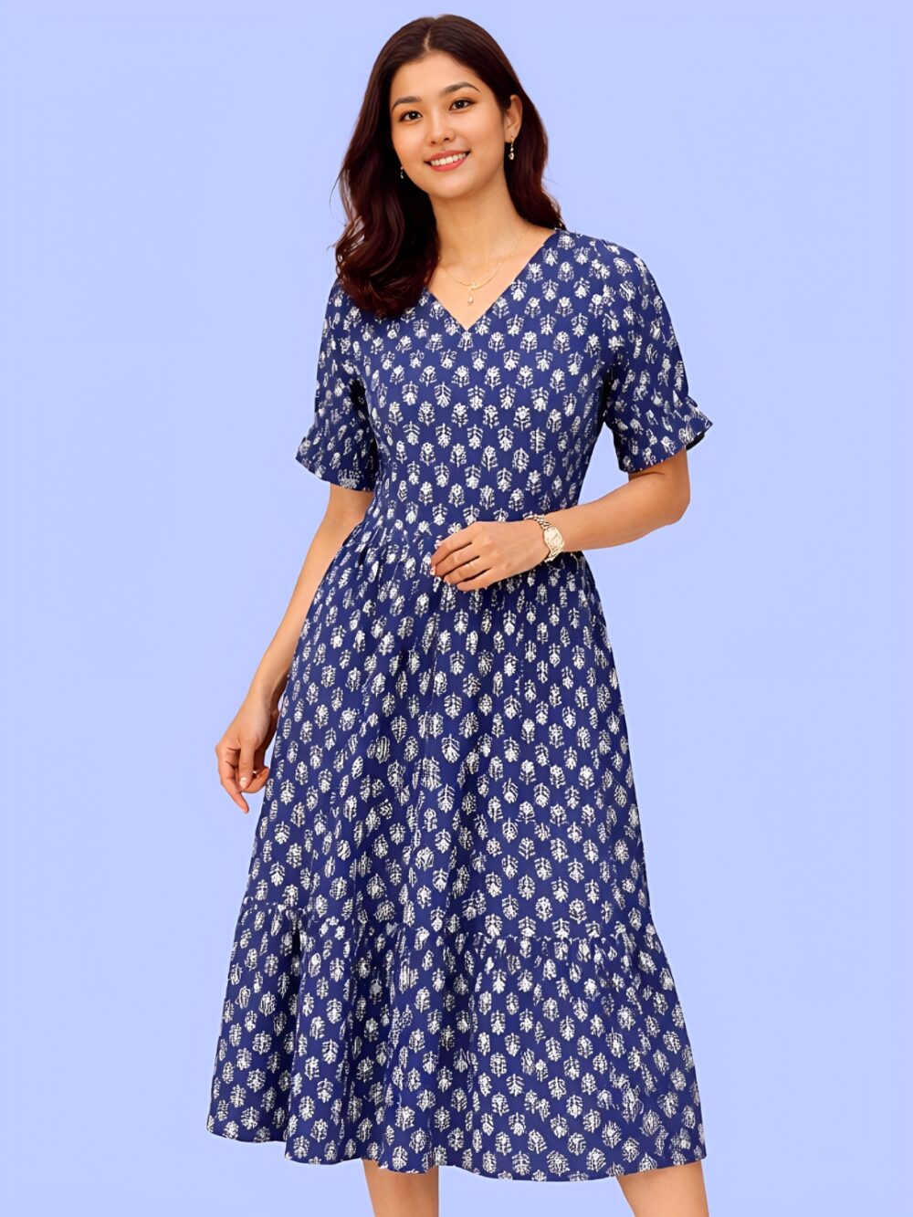 Women's Navy Blue Printed V-Neck A-Line Midi Dress | Short Sleeve Casual Cotton Dress