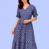 478 Women's Navy Blue Printed V-Neck A-Line Midi Dress | Short Sleeve Casual Cotton Dress