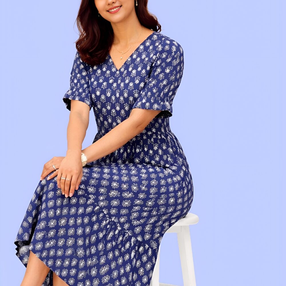 Women's Navy Blue Printed V-Neck A-Line Midi Dress | Short Sleeve Casual Cotton Dress