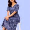 479 Women's Navy Blue Printed V-Neck A-Line Midi Dress | Short Sleeve Casual Cotton Dress
