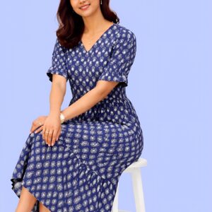 479 Women's Navy Blue Printed V-Neck A-Line Midi Dress | Short Sleeve Casual Cotton Dress