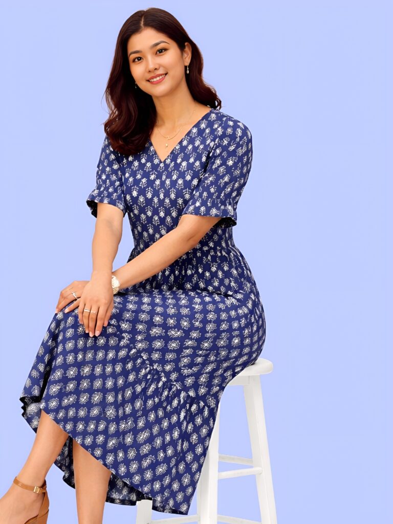 Women's Navy Blue Printed V-Neck A-Line Midi Dress | Short Sleeve Casual Cotton Dress