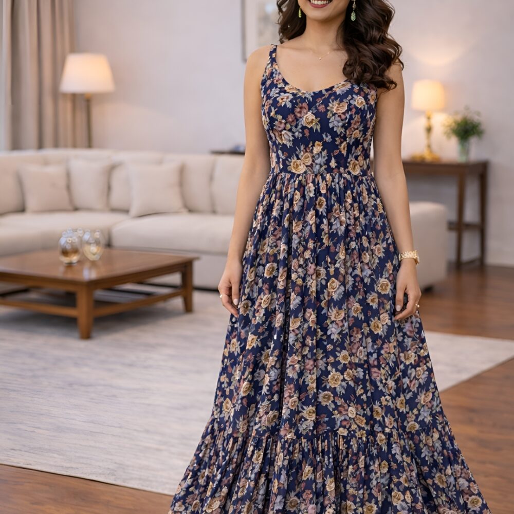 480 Women's Navy Blue Floral Printed Maxi Dress | Sleeveless Chiffon Summer Dress