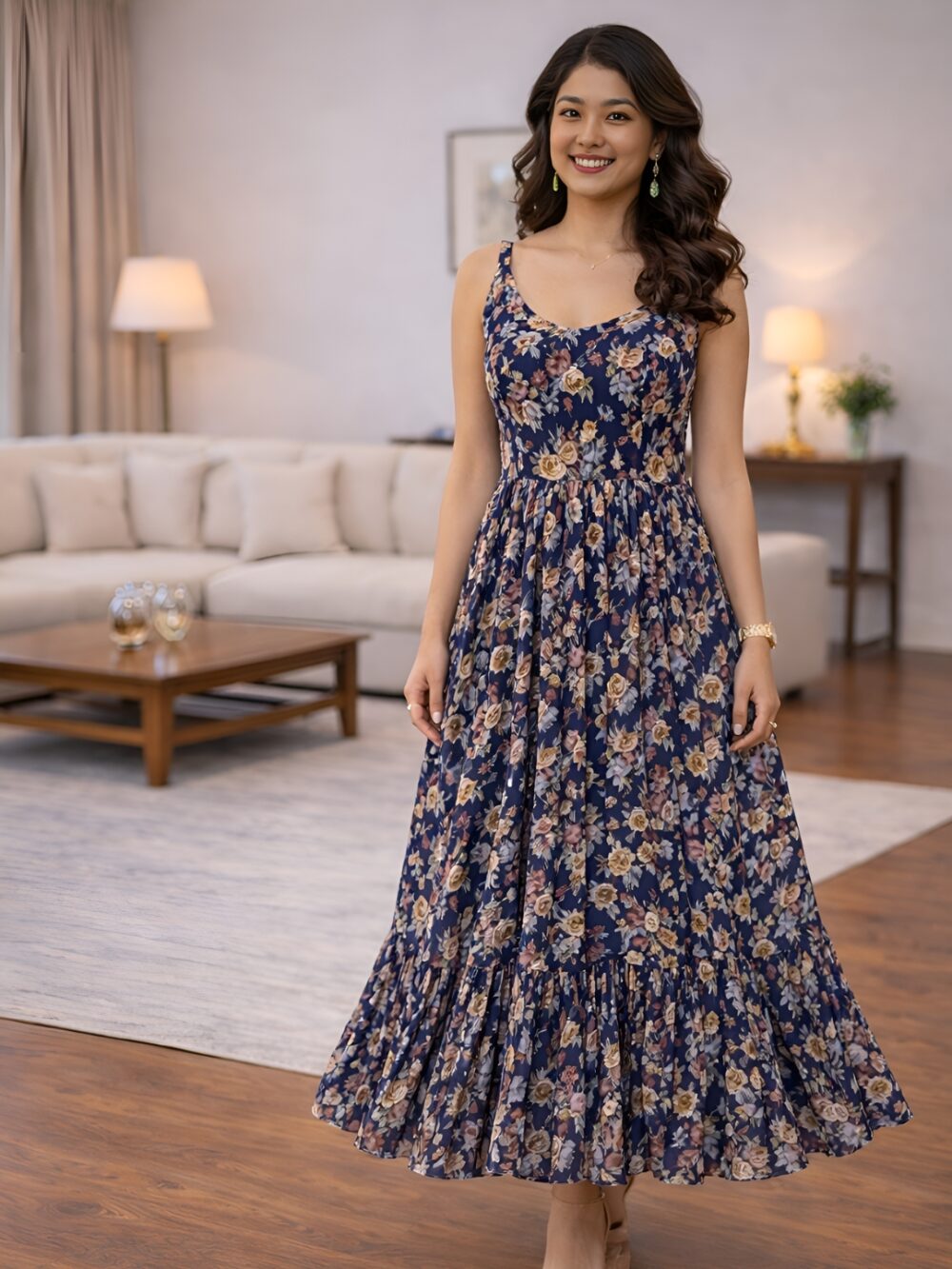 480 Women's Navy Blue Floral Printed Maxi Dress | Sleeveless Chiffon Summer Dress