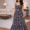 480 Women's Navy Blue Floral Printed Maxi Dress | Sleeveless Chiffon Summer Dress