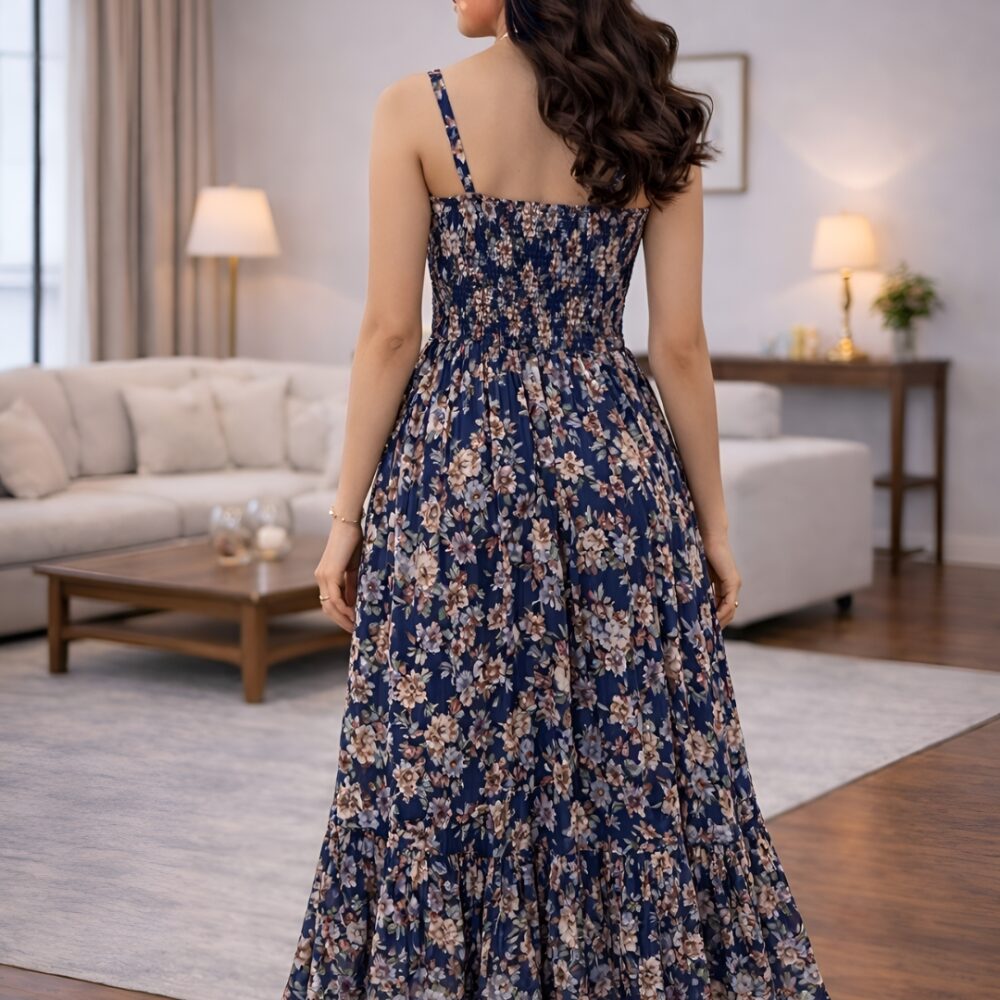 481 Women's Navy Blue Floral Printed Maxi Dress | Sleeveless Chiffon Summer Dress