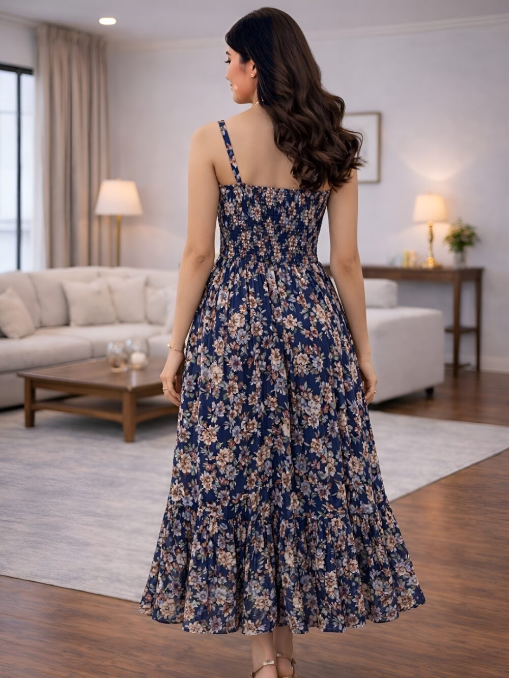 481 Women's Navy Blue Floral Printed Maxi Dress | Sleeveless Chiffon Summer Dress
