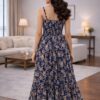 481 Women's Navy Blue Floral Printed Maxi Dress | Sleeveless Chiffon Summer Dress