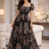 485 Women's Black Tropical Leaf Printed Chiffon Maxi Dress | Square Neck Summer Dress