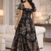 486 Women's Black Tropical Leaf Printed Chiffon Maxi Dress | Square Neck Summer Dress