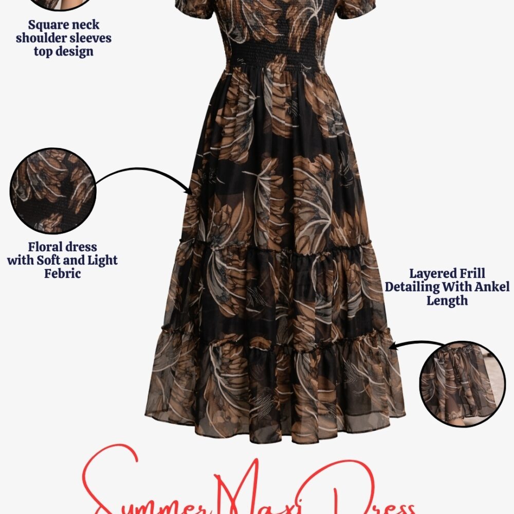 487 Women's Black Tropical Leaf Printed Chiffon Maxi Dress | Square Neck Summer Dress