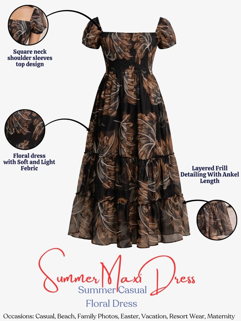 487 Women's Black Tropical Leaf Printed Chiffon Maxi Dress | Square Neck Summer Dress