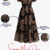 487 Women's Black Tropical Leaf Printed Chiffon Maxi Dress | Square Neck Summer Dress