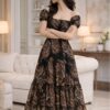 488 Women's Black Tropical Leaf Printed Chiffon Maxi Dress | Square Neck Summer Dress