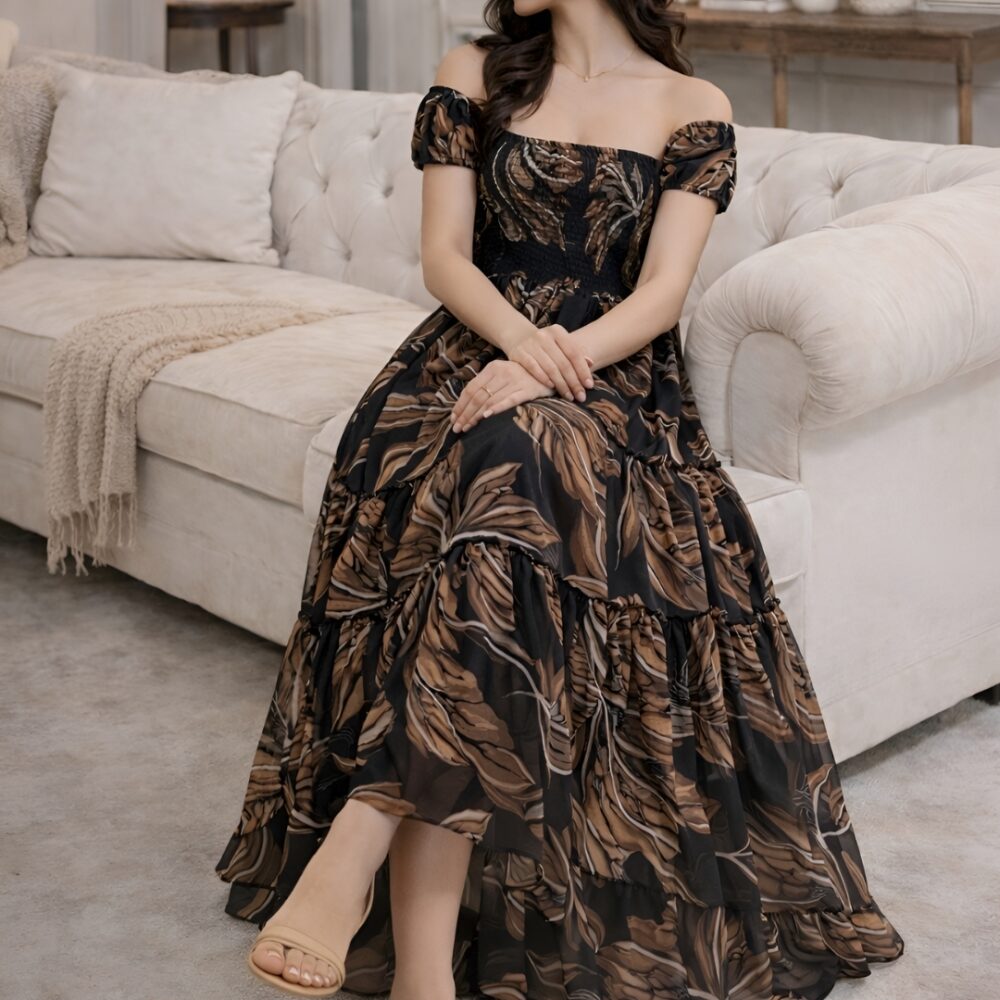489 Women's Black Tropical Leaf Printed Chiffon Maxi Dress | Square Neck Summer Dress