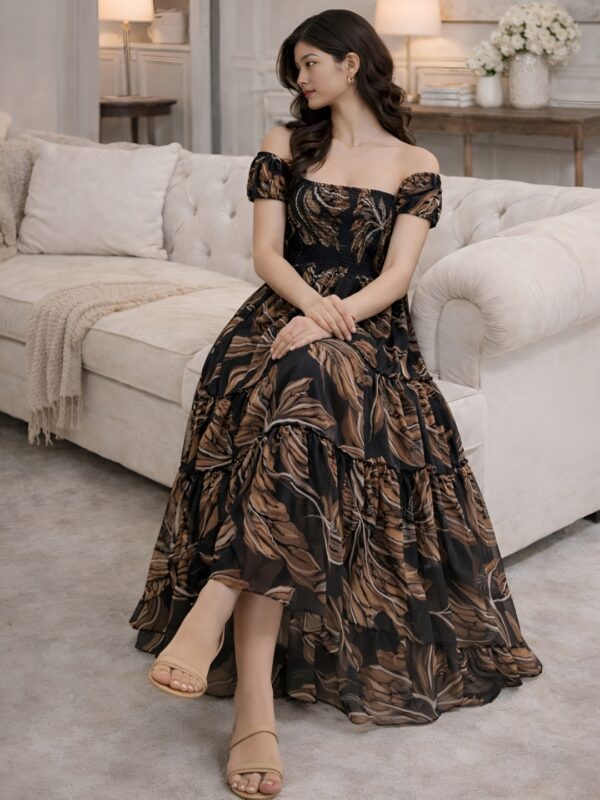 489 Women's Black Tropical Leaf Printed Chiffon Maxi Dress | Square Neck Summer Dress