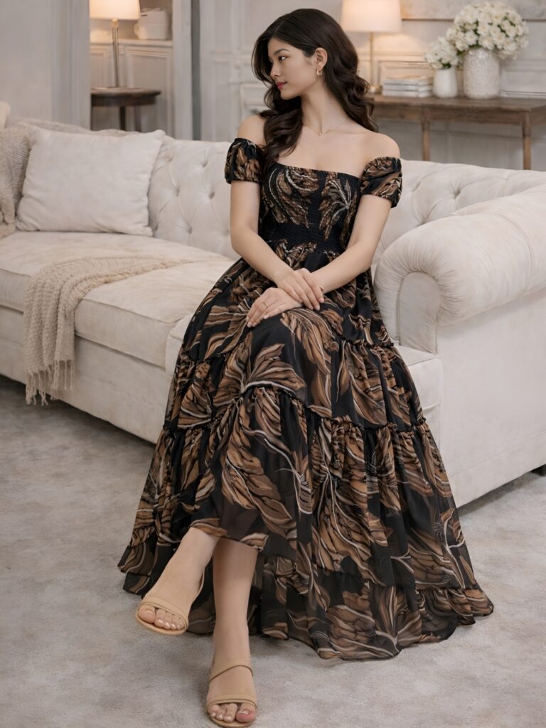Women's Black Tropical Leaf Printed Chiffon Maxi Dress | Square Neck Summer Dress