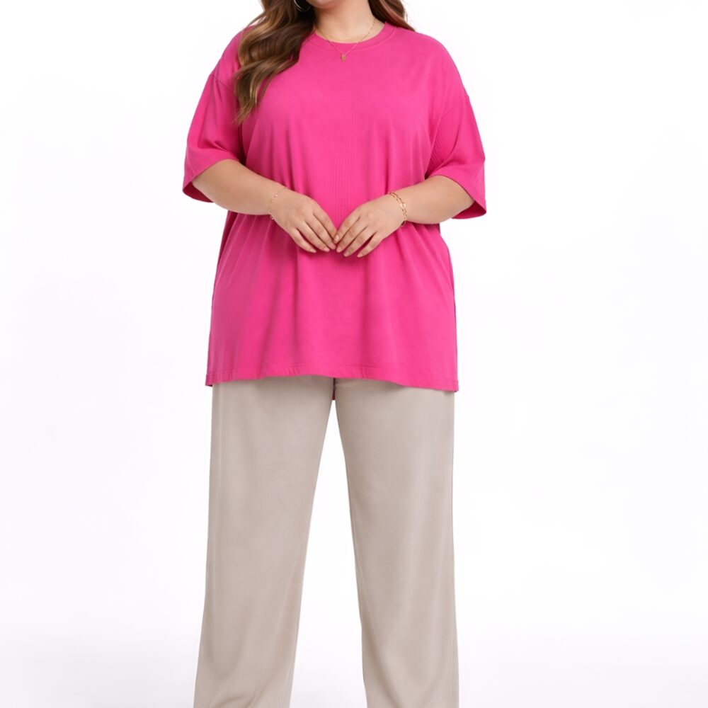490 Women's Plus Size Hot Pink Oversized T-Shirt | Loose Fit Round Neck Casual Tee