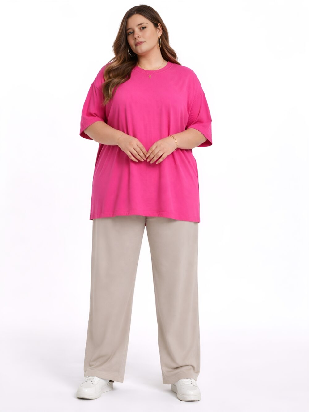 490 Women's Plus Size Hot Pink Oversized T-Shirt | Loose Fit Round Neck Casual Tee