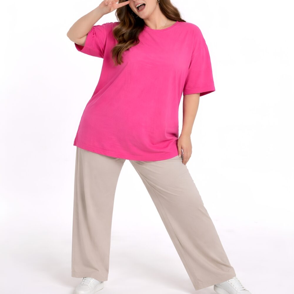 492 Women's Plus Size Hot Pink Oversized T-Shirt | Loose Fit Round Neck Casual Tee