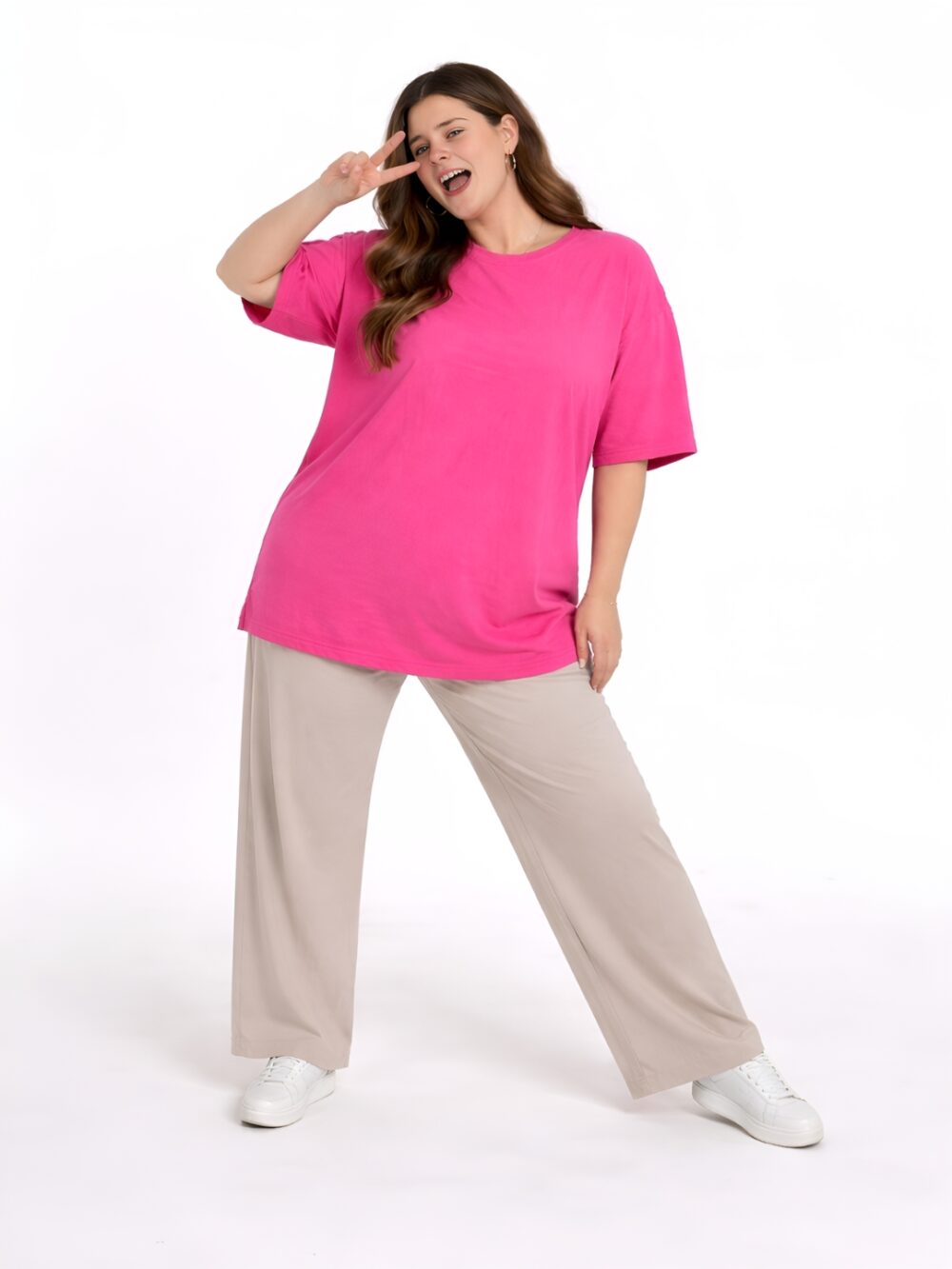 492 Women's Plus Size Hot Pink Oversized T-Shirt | Loose Fit Round Neck Casual Tee