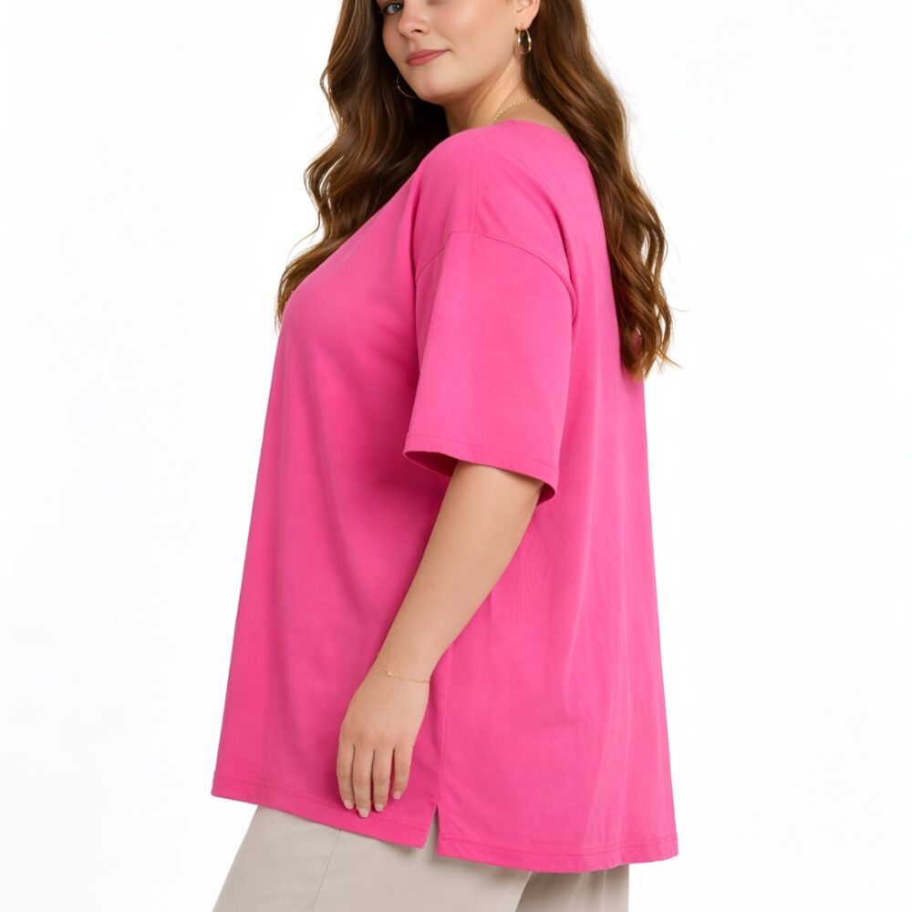 494 Women's Plus Size Hot Pink Oversized T-Shirt | Loose Fit Round Neck Casual Tee