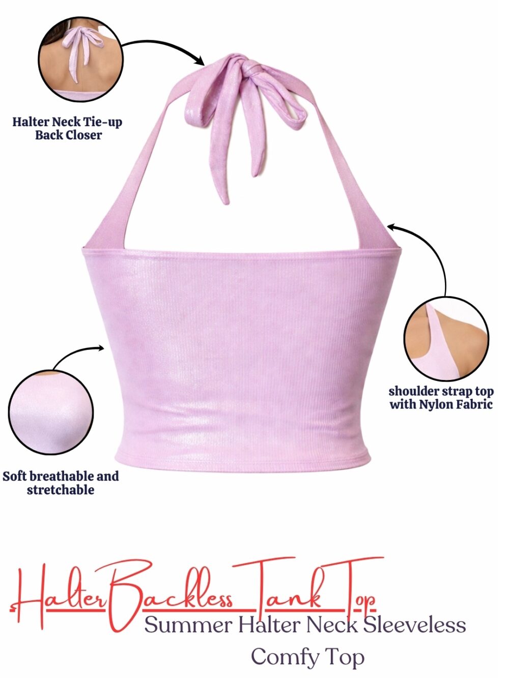 499 Women's Shimmer Lavender Halter Neck Backless Crop Top
