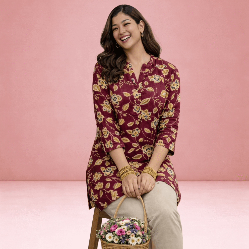 Women's Maroon Floral Printed Cotton Straight Kurti with 3/4 Sleeves