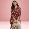 5 Women's Maroon Floral Printed Cotton Straight Kurti with 3/4 Sleeves