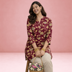 Women's Maroon Floral Printed Cotton Straight Kurti with 3/4 Sleeves