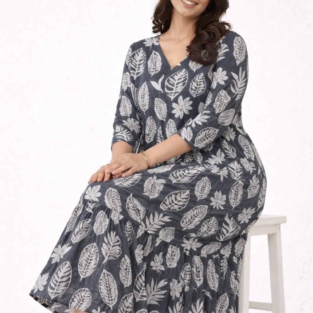 5 - Copy Women's Grey Leaf Printed Tiered Midi Dress | V-Neck Casual Dress