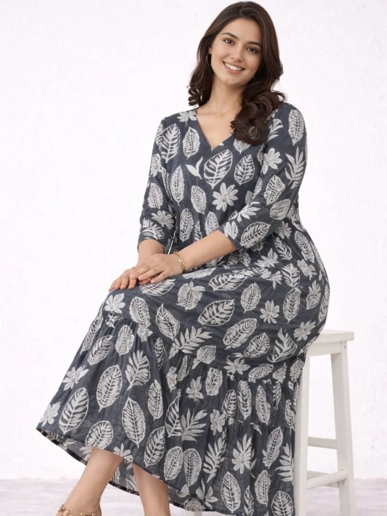 Women's Grey Leaf Printed Tiered Midi Dress | V-Neck Casual Dress