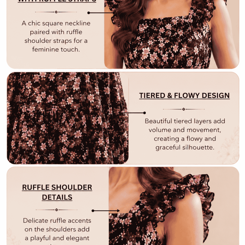 Women's Black Floral Printed Square Neck Maxi Dress with Ruffle Sleeves & Smocked Waist