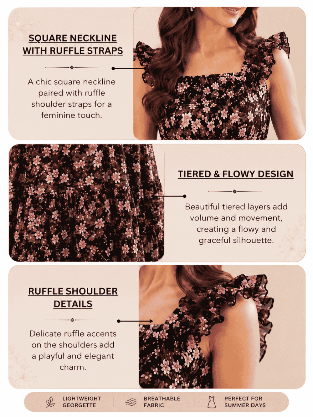 Women's Black Floral Printed Square Neck Maxi Dress with Ruffle Sleeves & Smocked Waist