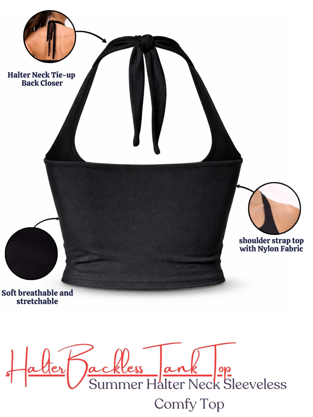 Women's Black Halter Neck Backless Crop Tank Top | Sleeveless Stretch Fitted Summer Top