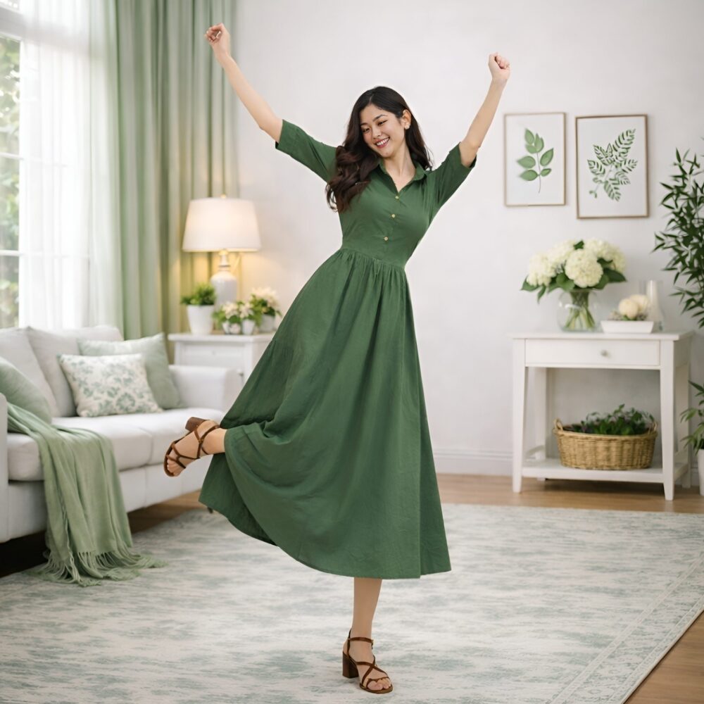 Untitled design (1) Women's Solid Green Shirt Collar Maxi Dress