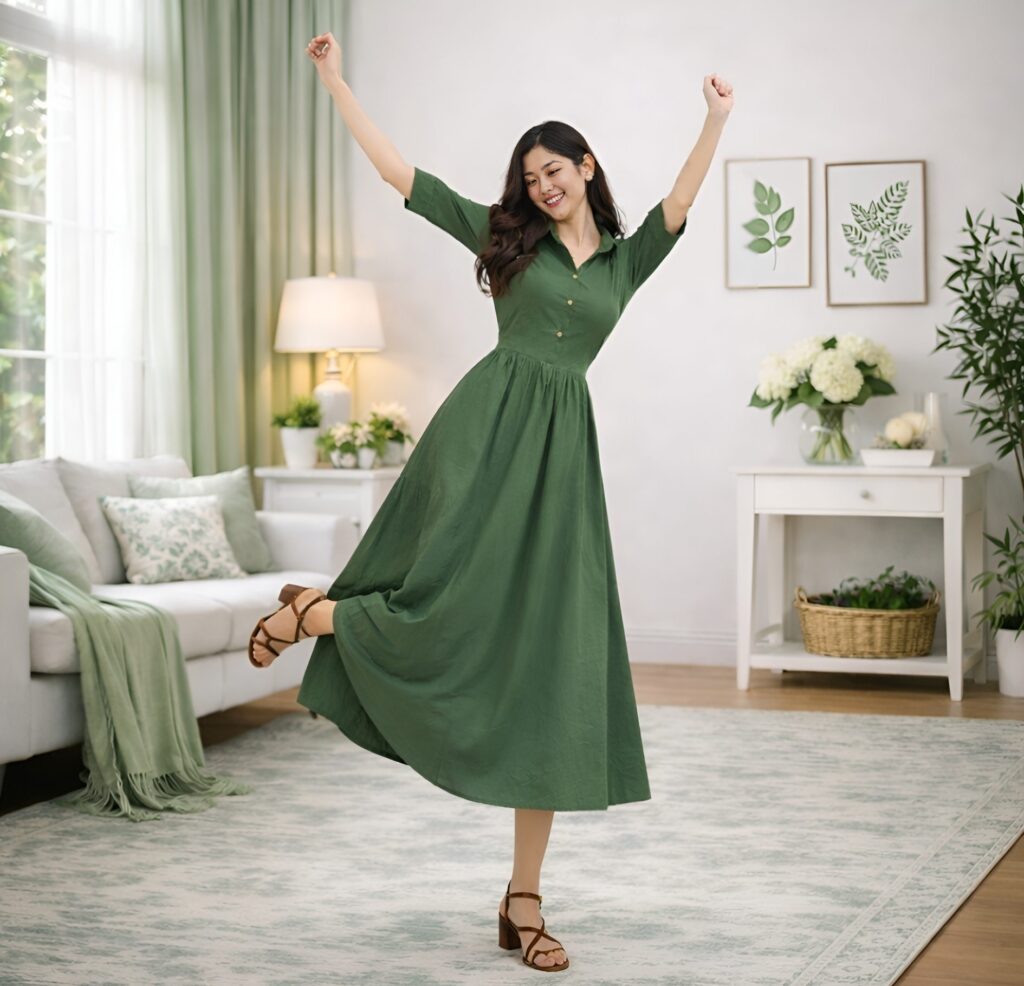 Women's Solid Green Shirt Collar Maxi Dress