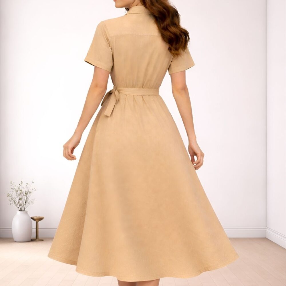Untitled design (1) Women's Beige Shirt Dress with Belt | Collared Button Down Midi Dress