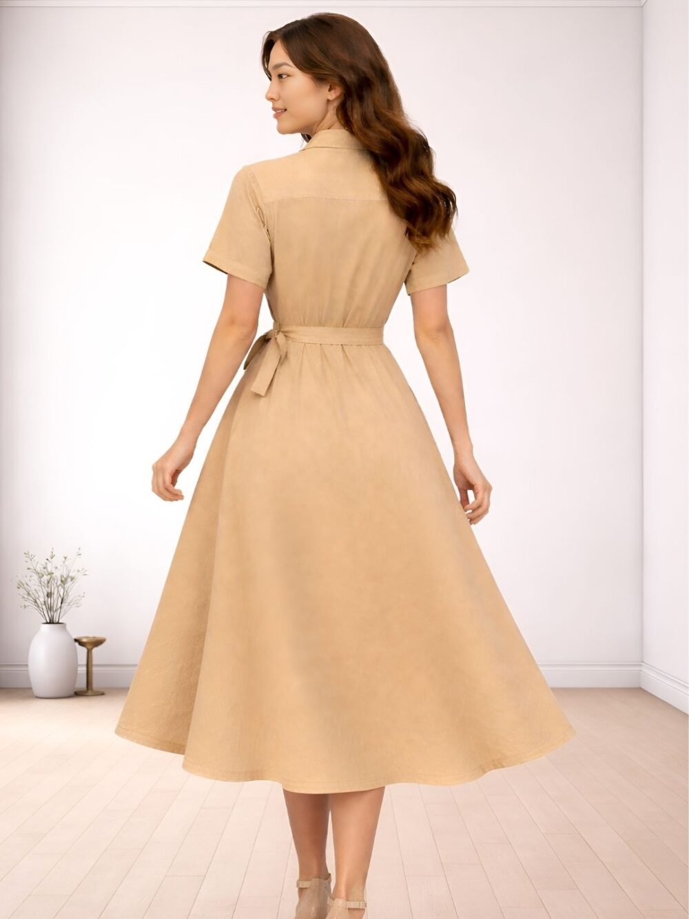 Untitled design (1) Women's Beige Shirt Dress with Belt | Collared Button Down Midi Dress