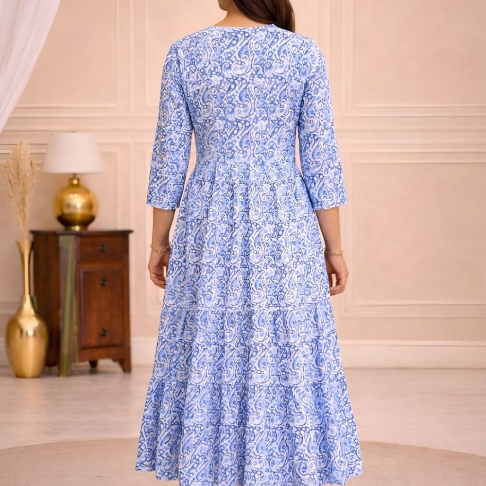 Women's Blue Printed V-Neck A-Line Maxi Dress | Casual Summer Dress