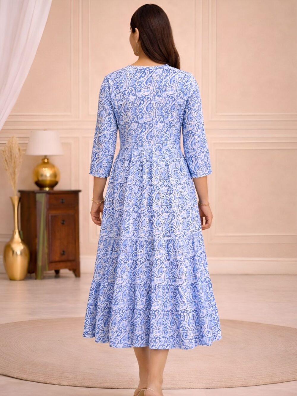 Women's Blue Printed V-Neck A-Line Maxi Dress | Casual Summer Dress