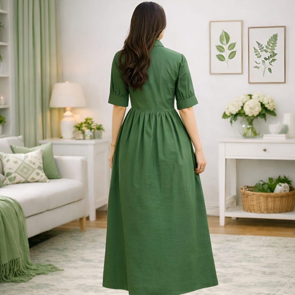 Untitled design Women's Solid Green Shirt Collar Maxi Dress