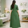 Women's Solid Green Shirt Collar Maxi Dress