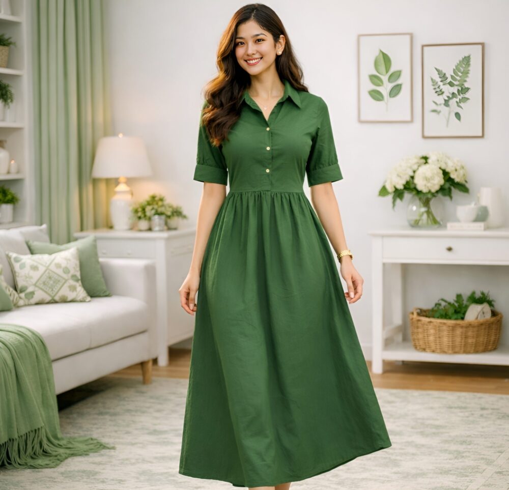 Untitled design (2) Women's Solid Green Shirt Collar Maxi Dress