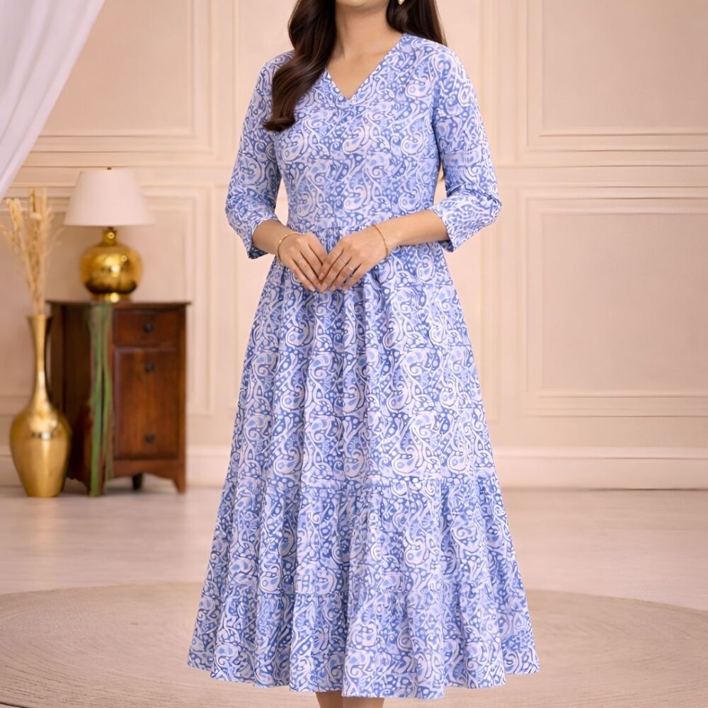 Women's Blue Printed V-Neck A-Line Maxi Dress | Casual Summer Dress