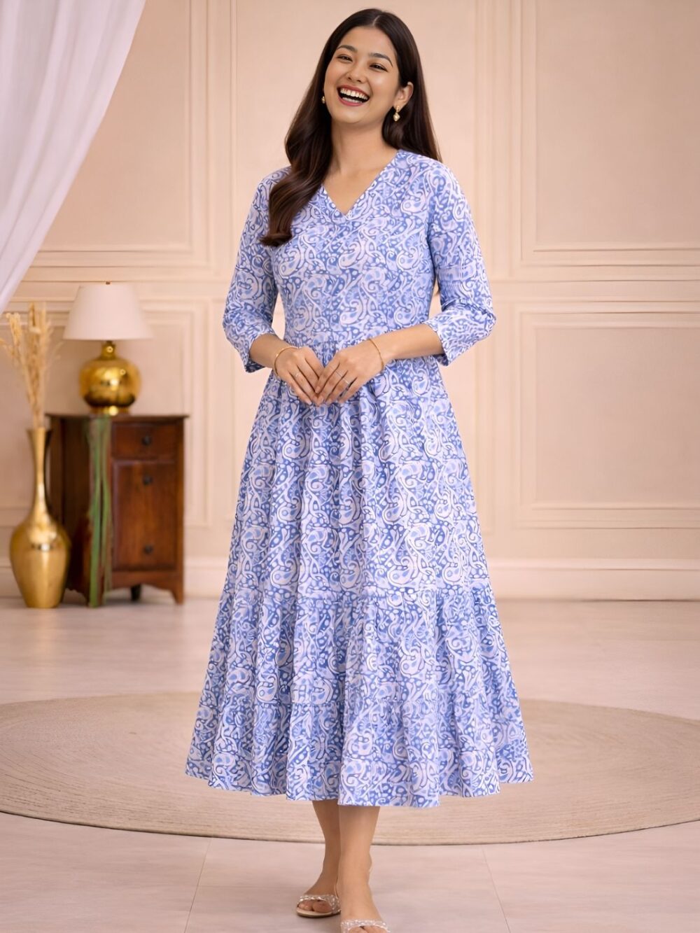 Women's Blue Printed V-Neck A-Line Maxi Dress | Casual Summer Dress