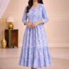 Women's Blue Printed V-Neck A-Line Maxi Dress | Casual Summer Dress