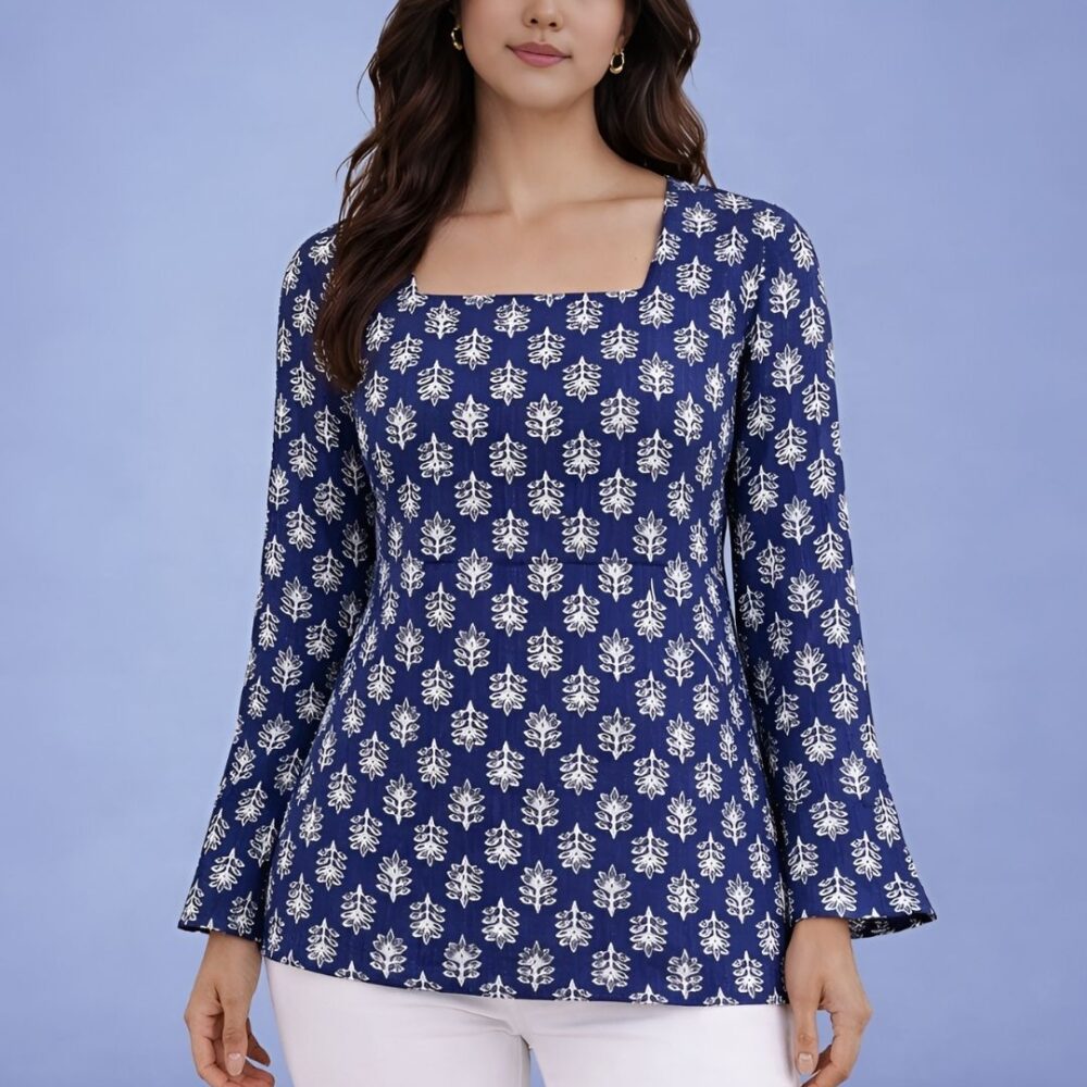 Untitled design (3) Women's Blue Floral Print Peplum Top | Square Neck Top