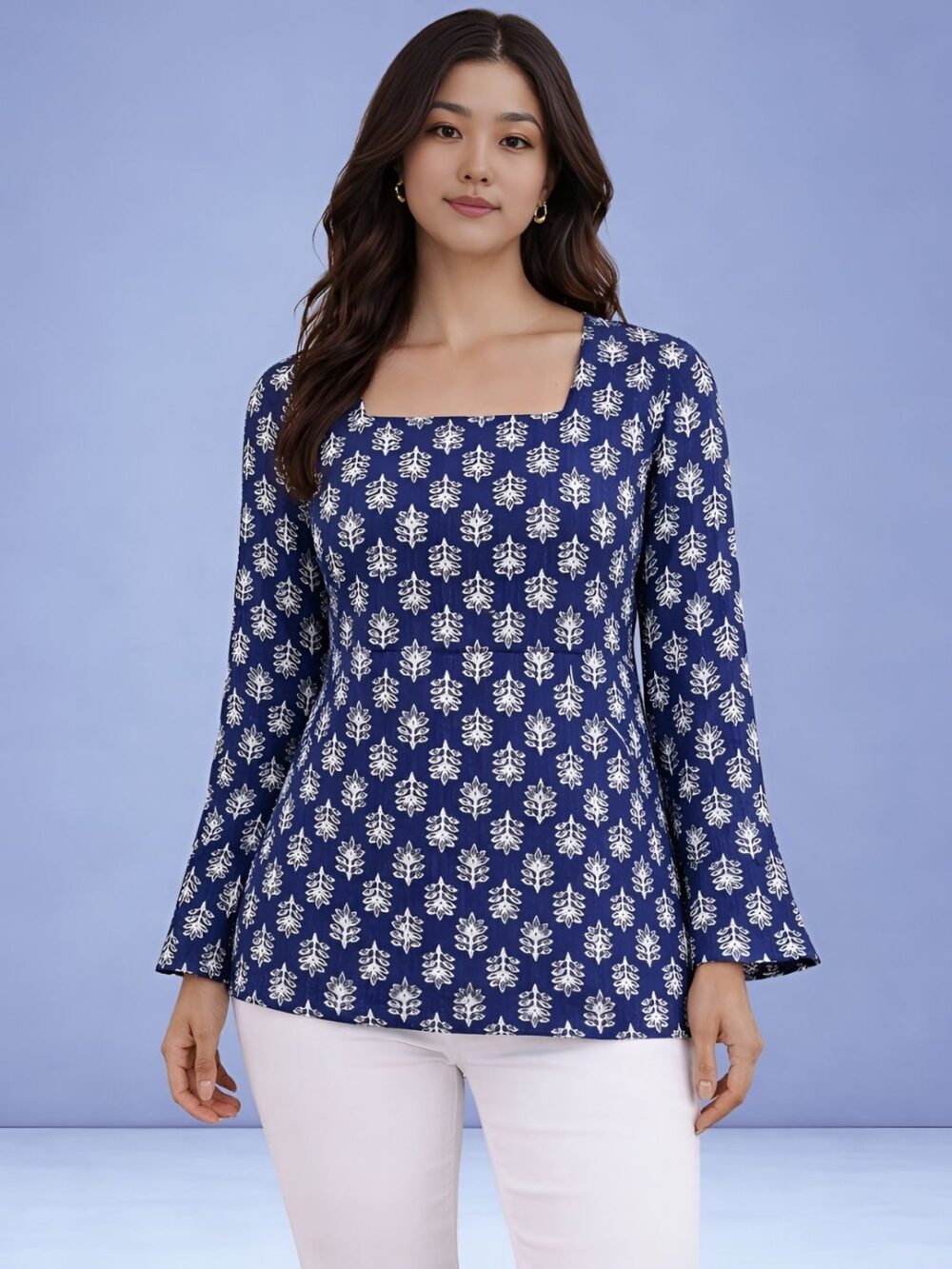 Untitled design (3) Women's Blue Floral Print Peplum Top | Square Neck Top